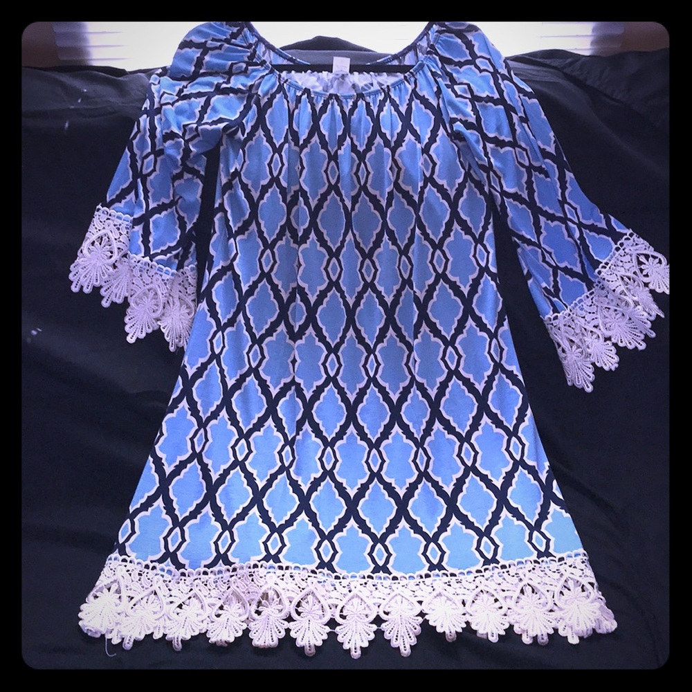 Light blue and navy bell sleeve dress